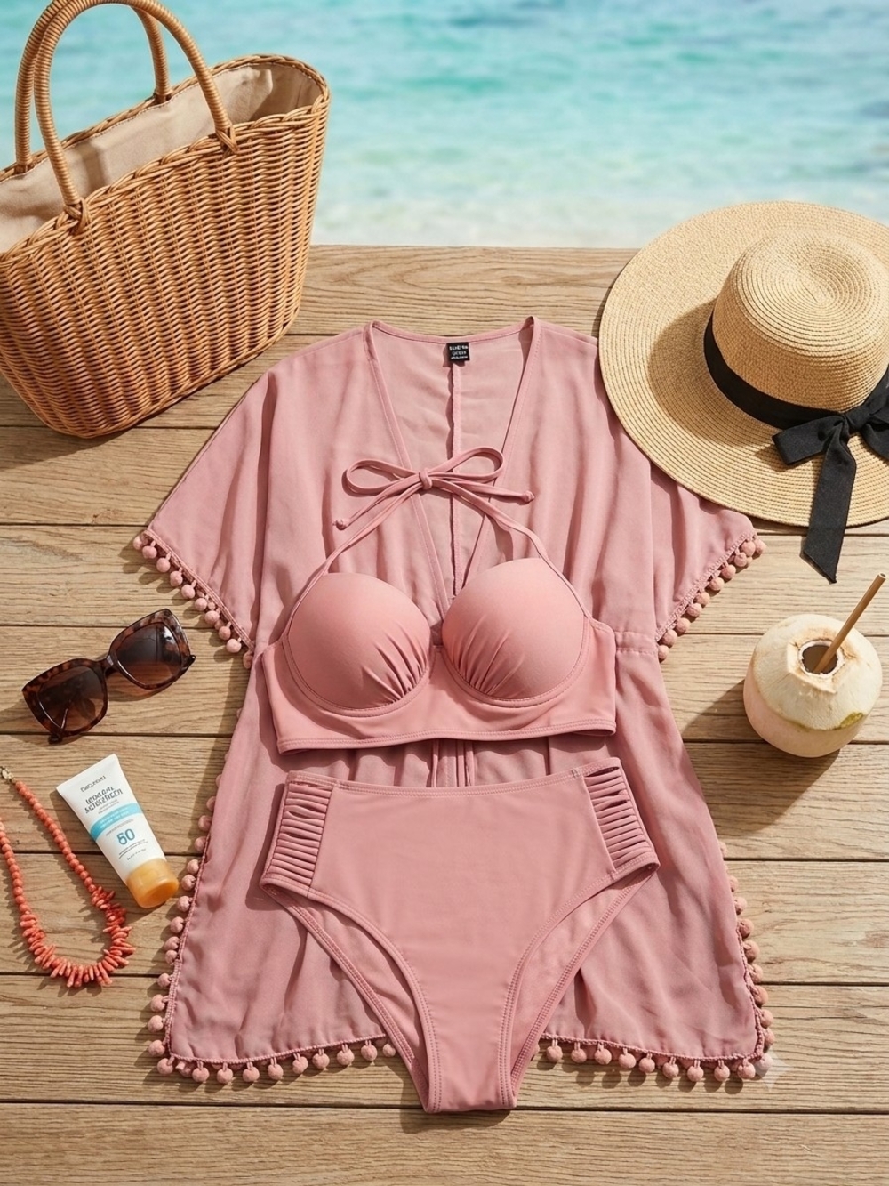 3-Piece Dusty Rose Swimsuit & Cover-Up Set